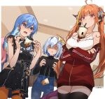  4girls absurdres ahoge alternate_costume amane_kanata anemachi anger_vein belt black_belt black_legwear black_shirt black_sweater blank_eyes blonde_hair blue_eyes blue_pants blue_shirt blush breast_conscious breast_envy breast_hold breasts bubble_tea bubble_tea_challenge camisole casual clenched_teeth clothes_writing colored_inner_hair commentary cowboy_shot crossed_arms denim diagonal-striped_bow dragon_horns dragon_tail drinking_straw dropping earrings eyebrows_visible_through_hair flat_chest floral_print hair_between_eyes highres hololive horns hoshimachi_suisei indoors jacket jeans jewelry kiryu_coco lace_trim light_blue_hair long_hair long_sleeves looking_at_viewer looking_down medium_breasts motion_blur motion_lines multicolored_hair multiple_girls necklace o-ring o-ring_legwear off_shoulder official_alternate_costume open_mouth orange_eyes orange_legwear outside_border pants pantyhose partially_unzipped pink_eyes pink_hair pointy_ears red_jacket ribbed_sweater ring shirt short_hair signature silver_hair sleeveless sleeveless_shirt small_breasts standing streaked_hair sweatdrop sweater sweater_tucked_in tail teeth thighhighs track_jacket tsukino_(nakajimaseiki) turtleneck turtleneck_sweater twintails two-tone_hair virtual_youtuber white_camisole zettai_ryouiki 