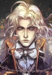  1boy alucard_(castlevania) black_coat castlevania castlevania:_symphony_of_the_night chain coat hungry_clicker lips long_hair looking_at_viewer pale_skin serious solo traditional_media upper_body white_hair white_neckwear 
