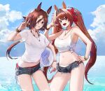  2girls :d absurdres animal_ears armpits ball bangs bare_shoulders beachball bikini bikini_under_clothes blue_sky blush bow bracelet breasts brown_eyes brown_hair camisole cleavage cloud collarbone commentary cowboy_shot daiwa_scarlet_(umamusume) day denim denim_shorts ear_ribbon eyebrows_visible_through_hair fang glint grin hair_between_eyes hair_intakes hair_over_one_eye hand_on_hip hand_up highres holding holding_ball horse_ears horse_girl huge_filesize jewelry kawa683 large_breasts long_hair looking_at_viewer low_ponytail medium_breasts midriff multicolored_hair multiple_girls navel necklace ocean open_mouth outdoors red_bikini red_bow red_eyes see-through shirt short_shorts short_sleeves shorts sidelocks skin_fang sky smile standing swimsuit tail teeth tiara tied_shirt twintails two-tone_hair umamusume v very_long_hair vodka_(umamusume) wet wet_clothes wet_shirt white_bikini white_camisole white_hair white_shirt 