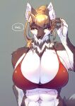  abs anthro big_breasts bikini bikini_top breasts canid canine clothing english_text female fluffy hi_res huge_breasts kemono looking_at_viewer mammal solo speech_bubble swimwear tetto text 