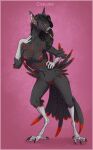  animal_genitalia avian beak bird breasts chaluny claws corvid corvus_(genus) crow feathers female front_view genitals hi_res ksajakra navel non-mammal_breasts nude oscine passerine pink_background pose red_eyes simple_background solo standing 