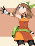 1girl absurdres armpits bangs bare_arms bike_shorts brown_hair clenched_hand closed_mouth collared_dress commentary_request dress eyebrows_visible_through_hair fanny_pack gloves green_bag green_bandana grey_eyes highres looking_to_the_side may_(pokemon) orange_dress outstretched_arm pokemon pokemon_(game) pokemon_emerald pokemon_rse short_dress solo v-shaped_eyebrows yuihico 