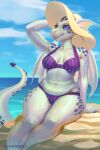  2:3 acidapluvia anthro beach bikini breasts clothing day dragon female fin head_fin hi_res membrane_(anatomy) membranous_wings outside pupils rock scales scalie scarrrrly sea seaside sitting slightly_chubby slit_pupils solo spade_tail spikes sun_hat swimwear water white_body white_scales wide_hips wings 