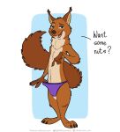  2021 anthro clothing clothing_pull dialogue english_text flirting gesture hi_res looking_at_viewer male mammal narrowed_eyes nik159 open_mouth open_smile pointing rodent sciurid simple_background smile solo standing talking_to_viewer text underwear underwear_pull 