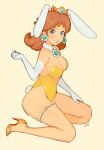  alternate_costume alternate_hairstyle animal_ears blue_eyes breasts brown_hair bunny_ears bunny_tail cleavage crown garter_belt gloves heart high_heels highres jivke kneeling looking_at_viewer mario_(series) princess_daisy simple_background super_smash_bros. tail thigh_strap thighs 