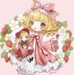  2girls bangs blonde_hair blue_eyes blunt_bangs bonnet bow cowboy_shot cup dress flower food frilled_bow frills fruit green_eyes hair_bow highres hina_ichigo holding holding_food holding_fruit lalala222 long_hair long_sleeves medium_hair multiple_girls open_mouth pink_background pink_bow pink_dress red_headwear red_ribbon ribbon ringlets rozen_maiden shinku signature smile strawberry twintails white_flower wide_sleeves 
