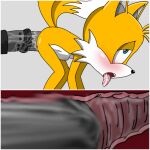  1:1 absurd_res anal anal_penetration blonde_hair blue_eyes canid canine dildo duo fox hair hi_res horndoggy23 humanoid machine male male/male mammal miles_prower penetration robot sex_toy sonic_the_hedgehog_(series) yellow_body 