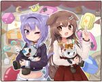  2girls 2others :d ;) animal_ears brown_hair cat_ears cat_girl cat_tail cowboy_shot cuphead cuphead_(game) demon_tail dog_ears dog_girl eye_contact fang hololive inugami_korone long_sleeves looking_at_another mugman multiple_girls multiple_others nekomata_okayu one_eye_closed open_mouth purple_hair sideways_glance smile tail tonton_(tonz159) virtual_youtuber 