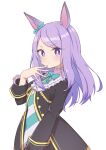  1girl absurdres aiguillette animal_ears bangs black_jacket blush bow bowtie ear_ribbon eyebrows_visible_through_hair frilled_shirt_collar frills hand_to_own_mouth highres horse_ears jacket long_sleeves looking_at_viewer mejiro_mcqueen_(umamusume) ojou-sama_pose purple_eyes purple_hair quarterlift simple_background solo swept_bangs umamusume upper_body white_background 