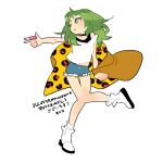  1girl 2016 blue_shorts boots choker green_eyes green_hair illustration.media kinako_(marubotan) long_hair midriff navel original pointing shorts simple_background solo white_background white_footwear 