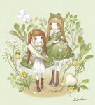  2girls bangs blunt_bangs boots bow bright_pupils brown_footwear brown_hair bug butterfly daikon flower green_background green_bow green_theme grey_eyes hair_bow highres insect lalala222 leaf long_hair long_sleeves multiple_girls original plant radish twintails very_long_hair white_butterfly white_flower white_mittens white_pupils yellow_flower 
