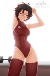  1girl armpits artist_name bare_shoulders black_hair breasts covered_navel cslucaris glasses leotard looking_to_the_side medium_breasts multicolored_hair red_hair red_leotard ruby_rose rwby short_hair silver_eyes sleeveless solo stretch sweat thighhighs thighs 