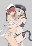  2girls animal_ears arms_around_waist bangs bell black_panties blue_eyes blunt_bangs brown_background cat_ears cat_lingerie cat_tail highres kantai_collection leg_between_thighs meme_attire multiple_girls nanja navel neck_bell orange_eyes orange_hair panties short_hair side-tie_panties silver_hair simple_background smile tail underwear white_panties z1_leberecht_maass_(kancolle) z3_max_schultz_(kancolle) 