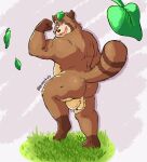  2021 absurd_res anthro balls belly big_balls brown_body brown_fur canid canine eeveecholo fur genitals hi_res humanoid_hands leaf male mammal overweight overweight_anthro overweight_male raccoon_dog solo tanuki 