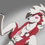  1:1 animal_genitalia animal_penis anthro anus balls canid canine canine_penis claws furmazing genitals hand_on_butt hi_res looking_at_viewer lycanroc male mammal midnight_lycanroc nintendo penis perineum pok&eacute;mon pok&eacute;mon_(species) red_eyes sheath simple_background smile solo video_games x_anus 