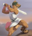  absurd_res anthro balls bottomwear bottomwear_aside canid canine clothing clothing_aside footwear foreskin genitals hi_res julius_(sunhuiz) laurel_wreath loincloth loincloth_aside male mammal melee_weapon penis roman_clothing sandals solo sunhuiz sword uncut weapon 