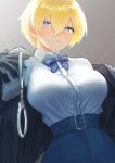  1girl belt_buckle blonde_hair blue_eyes blue_skirt blurry bow bowtie breasts buckle closed_mouth collared_shirt cuffs depth_of_field dress_shirt eyebrows_visible_through_hair fur_trim girls_frontline gloves hair_between_eyes handcuffs highres jacket large_breasts leaning_back light_particles looking_at_viewer mole mole_under_eye personification shirt shirt_tucked_in short_hair simple_background skirt solo tented_shirt upper_body vsk-94_(girls_frontline) white_shirt yotsuhira_park 