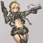  1girl ahoge bandana belt_pouch black_garter_straps black_sports_bra blonde_hair braid chest_tattoo cowboy_shot crop_top cropped_jacket dual_wielding flat_chest green_eyes green_jacket green_shorts gun handgun highres holding holding_gun holding_weapon jacket kelvin_hiu long_braid long_hair midriff military_operator navel original pistol pouch shorts single_braid smoke smoking_gun solo sports_bra tattoo thighhighs weapon 