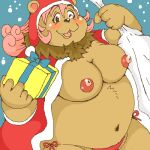  1:1 2004 anthro blush breasts brown_body brown_fur christmas christmas_clothing christmas_headwear clothing digital_media_(artwork) female fur gift hat headgear headwear holidays humanoid_hands kemono low_res mammal nipples oekaki one_eye_closed overweight overweight_anthro overweight_female santa_claus santa_hat solo underwear unknown_artist ursid wink 