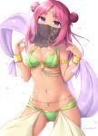  1girl :d armlet bikini bracelet breasts cleavage cowboy_shot double_bun green_bikini hand_up harem_pants head_tilt jewelry looking_at_viewer medium_breasts mouth_veil navel open_mouth original pants pink_hair purple_eyes sasaame smile solo standing swimsuit twintails white_background 
