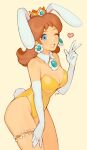  alternate_costume alternate_hairstyle animal_ears blue_eyes breasts brown_hair bunny_ears bunny_tail cleavage crown garter_belt gloves heart highres jivke looking_at_viewer mario_(series) md5_mismatch one_eye_closed princess_daisy simple_background super_smash_bros. tail thigh_strap thighs v 