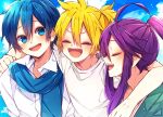  3boys ahoge aqua_shirt arms_around_neck blonde_hair blue_eyes blue_hair blue_scarf closed_eyes commentary day hug kagamine_len kaho_0102 kaito kamui_gakupo male_focus multiple_boys open_mouth outdoors ponytail purple_hair scarf shirt short_ponytail sidelocks smile spiked_hair upper_body v-shaped_eyes vocaloid white_shirt 