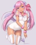  1girl blush bow bracelet breasts covered_navel dark_skin dark_skinned_female demon_girl demon_horns demon_tail demon_wings full_body grey_background hair_bow head_tilt horns jewelry long_hair looking_at_viewer medium_breasts one-piece_swimsuit original pink_bow pink_sailor_collar purple_eyes sailor_collar sasaame simple_background smile solo swimsuit symbol_commentary tail thighhighs twintails twitter_username white_legwear white_swimsuit wings 