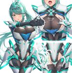  1girl bangs breasts chest_jewel covered_navel earrings gloves green_eyes green_hair highres jewelry large_breasts long_hair multiple_views nemunemu_semi one_eye_closed pneuma_(xenoblade) ponytail swept_bangs tiara tongue tongue_out very_long_hair xenoblade_chronicles_(series) xenoblade_chronicles_2 