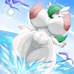 1:1 anthro areola belly big_areola big_breasts breasts female gardevoir genitals green_hair hair hi_res huge_breasts nintendo nipples okioppai pok&eacute;mon pok&eacute;mon_(species) puffy_nipples pussy sea solo thick_thighs video_games water wide_hips 