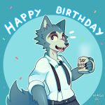  1:1 2021 absurd_res anthro beastars biped birthday blue_background bottomwear canid canine canis claws clothing english_text eyebrows fur grey_body grey_fur hi_res holding_object legoshi_(beastars) male mammal nagifur necktie open_mouth shirt signature simple_background smile solo text topwear white_clothing white_shirt white_topwear wolf 