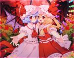  2girls artist_name ascot bat_wings blonde_hair blood blood_from_mouth bloody_hands chariko dress flandre_scarlet flower hat hat_ribbon holding_hands interlocked_fingers mob_cap multiple_girls pink_dress puffy_short_sleeves puffy_sleeves purple_hair red_eyes remilia_scarlet ribbon rose short_sleeves siblings sisters touhou vampire watermark web_address wings 