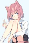  1girl absurdres animal_ear_fluff animal_ears bangs black_skirt blue_background blue_eyes blue_ribbon blush brown_hair cat_ears cat_girl cat_tail closed_mouth collared_shirt eyebrows_visible_through_hair feet_out_of_frame hand_up highres knees_up long_sleeves looking_at_viewer neck_ribbon original pleated_skirt ribbed_legwear ribbon shirt simple_background sitting skirt socks solo tail w white_legwear white_shirt zoirun 