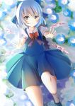  1girl bad_perspective bangs blue_bow blue_dress blue_eyes blue_flower blue_hair blush bow bowtie cirno closed_mouth cloud cloudy_sky commentary_request day dress eyebrows_visible_through_hair flower flower_request foot_out_of_frame foreshortening hair_bow highres ice ice_wings looking_at_viewer lying natsume_suzuri on_back outdoors outstretched_arms puffy_short_sleeves puffy_sleeves red_bow red_neckwear reflection short_hair short_sleeves sky smile solo swept_bangs touhou water wings 