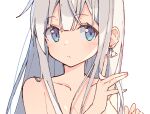  1girl bangs blue_eyes blush breasts closed_mouth collarbone earrings eyebrows_visible_through_hair glint grey_hair jewelry nail_polish nude original pink_nails simple_background solo white_background zoirun 