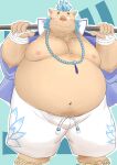  2021 anthro blue_hair blush bottomwear brown_body brown_fur bulge clothing doguma-sin fur gouryou hair hi_res humanoid_hands kemono male mammal moobs navel nipples obese obese_anthro obese_male overweight overweight_anthro overweight_male shorts solo suid suina sus_(pig) tokyo_afterschool_summoners video_games wild_boar 