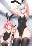  3boys animal_ears armpits astolfo_(fate) bangs black_legwear blue_eyes blush bow braid braided_ponytail bulge bunny_ears chevalier_d&#039;eon_(fate) covered_navel fate/apocrypha fate/grand_order fate_(series) gao_changgong_(fate) hair_between_eyes hair_bow hair_intakes highres kitajima_yuuki long_hair looking_at_viewer multicolored_hair multiple_boys open_mouth otoko_no_ko pink_hair playboy_bunny shirt short_sleeves silver_hair skindentation smile streaked_hair thighhighs v white_hair white_shirt wrist_cuffs 