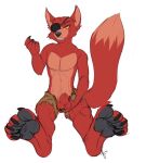  2017 animal_genitalia anthro balls bottomwear canid canine canis claws clothed clothing digital_media_(artwork) dipstick_tail eye_patch eyewear feet five_nights_at_freddy&#039;s fox foxy_(fnaf) fully_sheathed fur genitals hi_res holding_balls looking_at_viewer male mammal monsterdrool multicolored_tail nude open_bottomwear open_clothing open_pants pants pawpads paws pecs red_body red_fur red_sheath sheath simple_background sitting smile solo tan_body tan_fur teasing teeth toes video_games yellow_eyes 