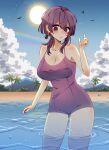  1girl alternate_breast_size artist_name bare_shoulders beach bernadetta_von_varley bird blush breasts cleavage cloud commentary earrings eine_(eine_dx) english_commentary fire_emblem fire_emblem:_three_houses grey_eyes hand_up highres jewelry large_breasts one-piece_swimsuit open_mouth palm_tree partially_submerged purple_hair purple_swimsuit rainbow short_hair short_hair_with_long_locks solo spaghetti_strap sun swimsuit tree 