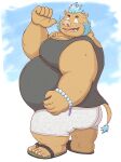  2021 anthro blue_hair bottomwear butt clothing footwear gouryou hair hi_res humanoid_hands kemono male mammal obese obese_anthro obese_male overweight overweight_anthro overweight_male sandals shirt shorts solo suid suina sus_(pig) tokyo_afterschool_summoners topwear usikuma6 video_games wild_boar 