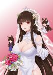  3girls absurdres akagi_(warship_girls_r) animal_ear_fluff animal_ears black_hair bouquet bridal_veil bride dress elbow_gloves extra_ears flower fox_ears garter_belt gloves hei_ling highres holding holding_bouquet long_hair minigirl multiple_girls one_eye_closed red_eyes sidelocks size_difference solo_focus tiara veil warship_girls_r wedding_dress white_dress white_gloves 