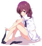  1girl barefoot black_neckwear drill_hair feet highres legs looking_at_viewer machikado_mazoku mel_(melty_pot) purple_eyes red_hair school_uniform short_hair short_sleeves simple_background sitting skirt socks socks_removed solo white_background white_skirt yoshida_ryouko 