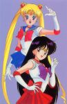  1990s_(style) 2girls bishoujo_senshi_sailor_moon black_eyes black_hair blonde_hair blue_background blue_eyes blue_skirt choker crescent crescent_earrings double_bun earrings elbow_gloves gloves hand_on_hip hino_rei inner_senshi jewelry leotard long_hair looking_at_viewer miniskirt multiple_girls official_art open_mouth pleated_skirt red_skirt retro_artstyle sailor_mars sailor_moon simple_background skirt star_(symbol) star_earrings tiara tsukino_usagi twintails very_long_hair 