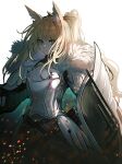  1girl absurdres animal_ear_fluff animal_ears arknights armor backlighting blemishine_(arknights) blonde_hair capelet character_request echj expressionless highres looking_at_viewer shield solo white_background white_capelet yellow_eyes 