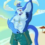  1:1 anthro armpit_fetish armpit_hair blue_body blue_hair bodily_fluids body_hair bottomwear clothed clothing dripping fish genital_fluids hair hand_under_clothes happy_trail hi_res lazaro_(lazydoggo) lazydoggo male marine multicolored_body partially_clothed precum precum_drip precum_through_clothing pubes shark simple_background solo two_tone_body wet wet_clothing yellow_eyes 