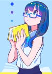  1girl black_hair blue-framed_eyewear blue_eyes blue_neckwear book collared_shirt expressionless glasses holding holding_book long_hair nobile1031 original shadow shirt shirt_tucked_in solo upper_body white_shirt 