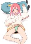  1girl bare_legs bural_chingu cameltoe green_panties highres hood hoodie lee_ji-eun luke_(dydansgur) lying on_back panties pink_hair polka_dot polka_dot_panties red_eyes short_hair short_hair_with_long_locks solo stuffed_animal stuffed_toy sweat underwear 