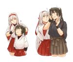  2girls adjusting_another&#039;s_hair age_progression arms_behind_back bangs brown_hakama closed_mouth eyebrows_visible_through_hair flying_sweatdrops hair_ribbon hakama hakama_skirt headband japanese_clothes kantai_collection long_hair multiple_girls multiple_views red_hakama red_headband ribbon shoukaku_(kancolle) simple_background smile tasuki twintails weidashming white_background white_hair younger zuikaku_(kancolle) 