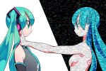  2girls aqua_eyes aqua_hair bangs black_background breasts commentary dual_persona grey_shirt hand_on_another&#039;s_neck hatsune_miku headphones long_hair multiple_girls nobile1031 profile shirt sleeveless sleeveless_shirt small_breasts static twintails upper_body vocaloid white_background 