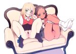  2girls anus aonuma_neiru black_legwear blonde_hair blue_dress blue_eyes blue_panties bobby_socks brown_hair censored couch dark_skin dark_skinned_female dress green_eyes grey_dress grin kawai_rika legs_together legs_up long_sleeves m_legs multicolored_hair multiple_girls on_couch panties panties_around_one_leg panty_pull pink_hair pubic_hair pussy school_uniform skirt skirt_lift smile socks streaked_hair ukokkei underwear v vest white_background white_legwear white_panties wonder_egg_priority 