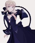  1girl artist_name artoria_pendragon_(all) blonde_hair blue_dress braid breasts commentary_request detached_sleeves dress eyebrows_visible_through_hair fate/stay_night fate_(series) frilled_sleeves frills hair_ribbon meloettta ribbon saber_alter short_hair simple_background small_breasts solo white_background wide_sleeves yellow_eyes 